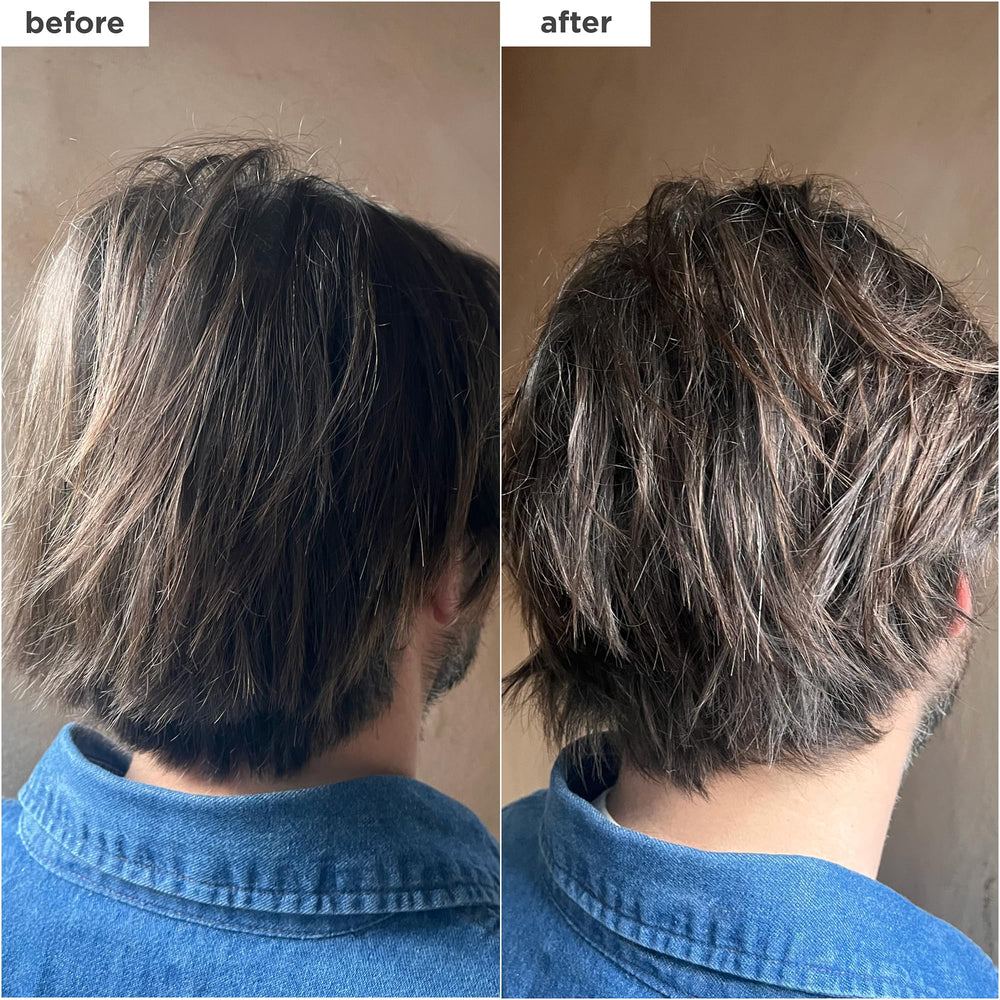 Briogeo Style and Treat Yuzu Plum Oil demi-matte finish on model hair.