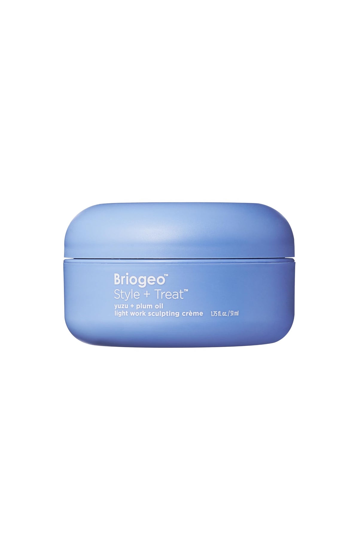 Briogeo Style and Treat Yuzu Plum Oil Light Work Creme packaging showcases demi-matte hold.