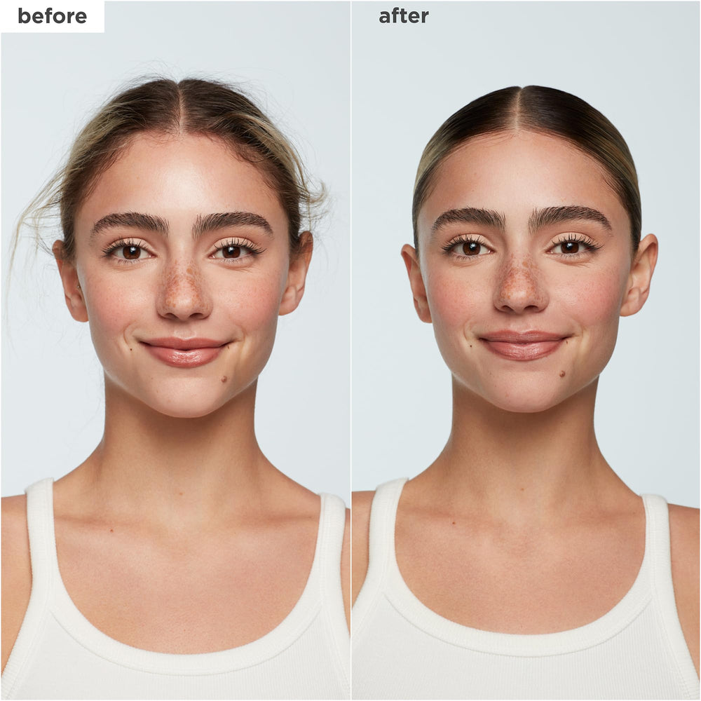 Briogeo Style + Treat Sleek Stick on hair demonstrates tamed flyaways for a polished ponytail.