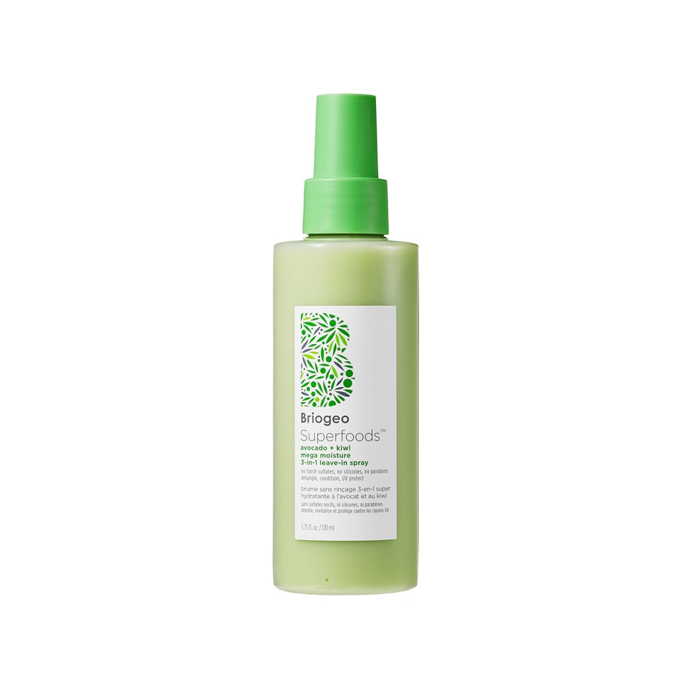 Briogeo Superfoods avocado-kiwi bottle pump enables easy, even spray for detangling.