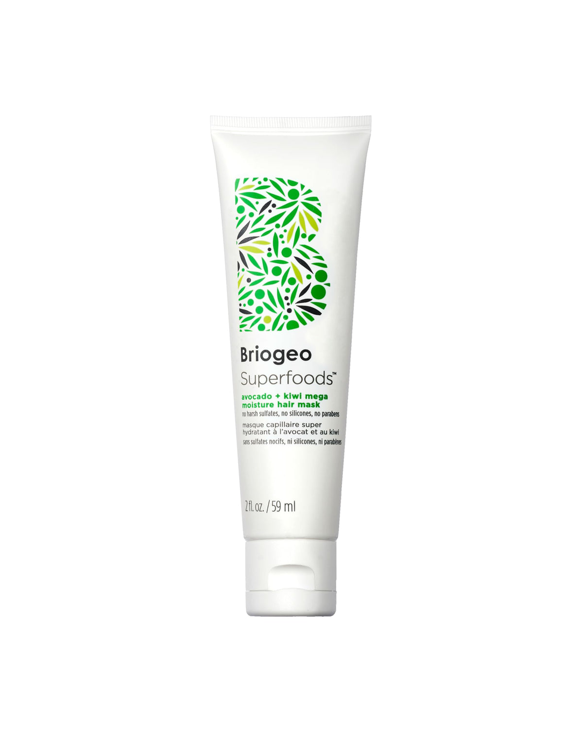 Briogeo Superfoods Avocado Kiwi Mega Moisture Mask packaging highlights healthy hair care benefits