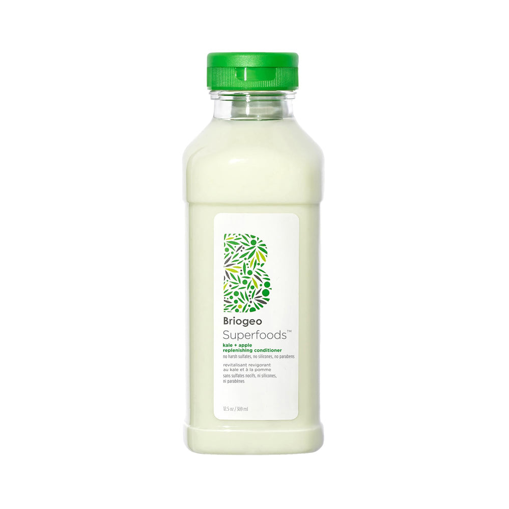 Briogeo Superfoods Kale + Apple Conditioner bottle highlights hydrating formula for all hair types.