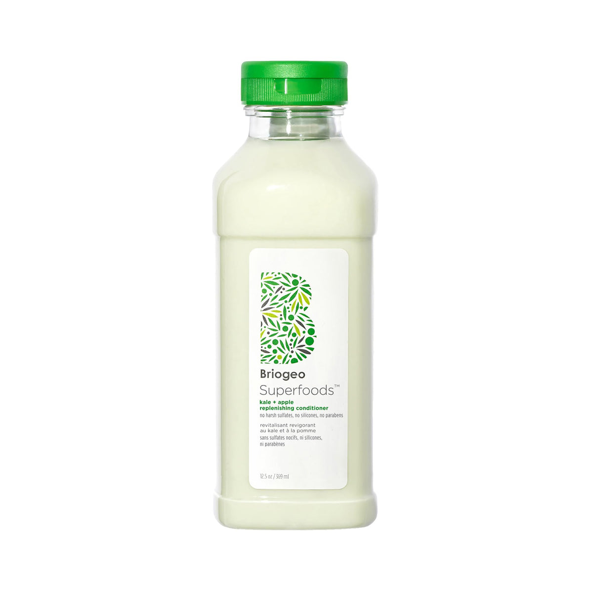 Briogeo Superfoods Kale + Apple Conditioner bottle highlights hydrating formula for all hair types.