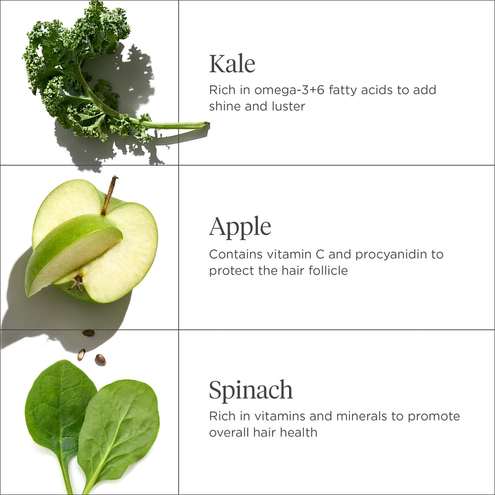 Briogeo Superfoods Kale + Apple Conditioner shine closeup illustrating frizz control.