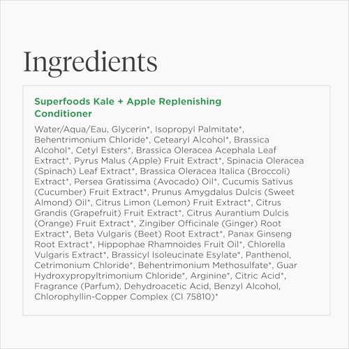 Briogeo Superfoods Kale + Apple Conditioner vegan cruelty-free badge alongside clean ingredients.