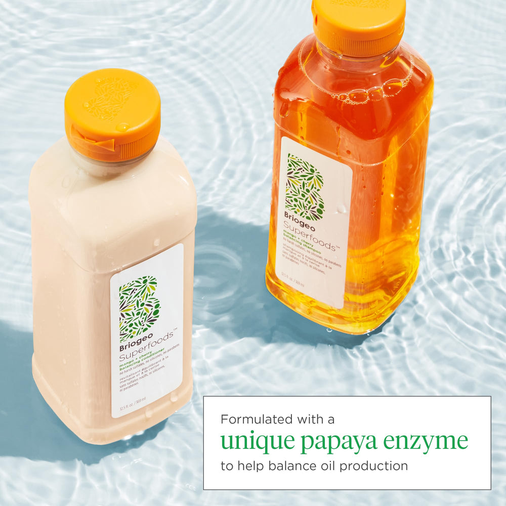 Briogeo Superfoods Mango + Cherry Hair Pack conditioner bottle nourishing dry hair.