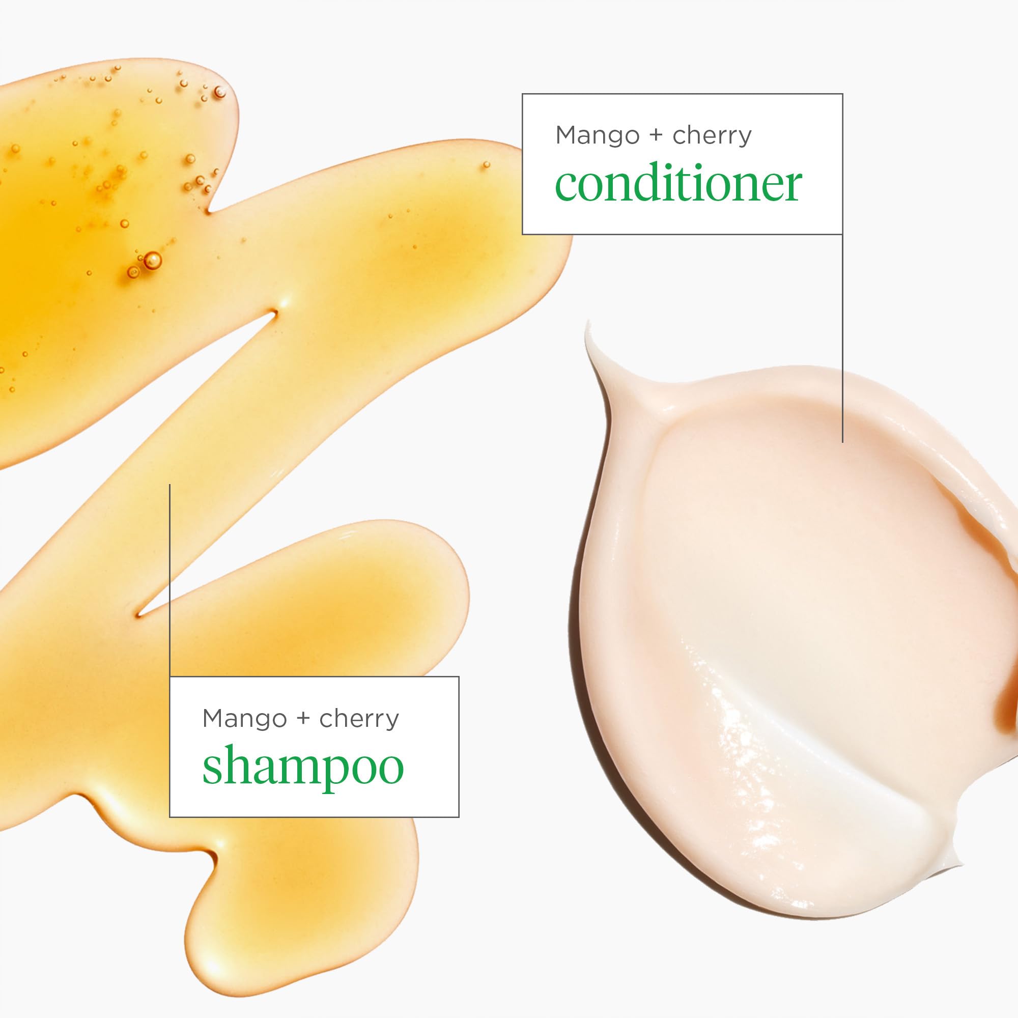 Briogeo Superfoods Mango + Cherry Hair Pack ingredients closeup with fruit antioxidants.