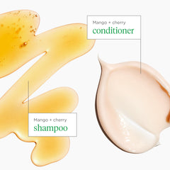 Briogeo Superfoods Mango + Cherry Hair Pack ingredients closeup with fruit antioxidants.