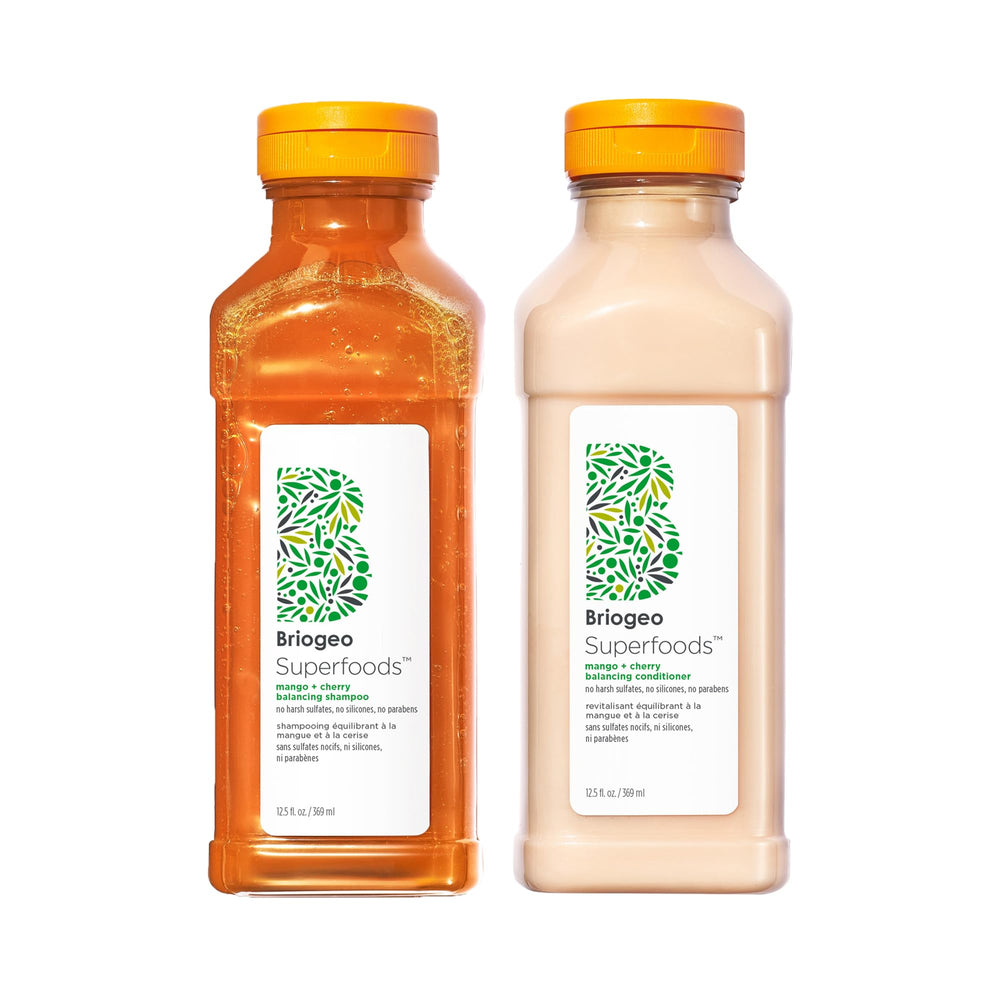 Briogeo Superfoods Mango + Cherry Hair Pack shampoo bottle balancing oily scalp.