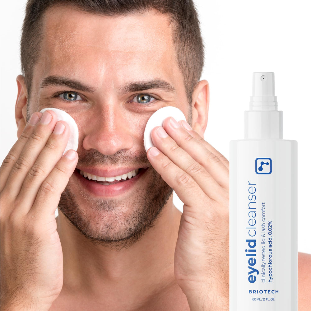 BRIOTECH Eyelid Cleanser 2-pack packaging highlights travel-friendly bottles.