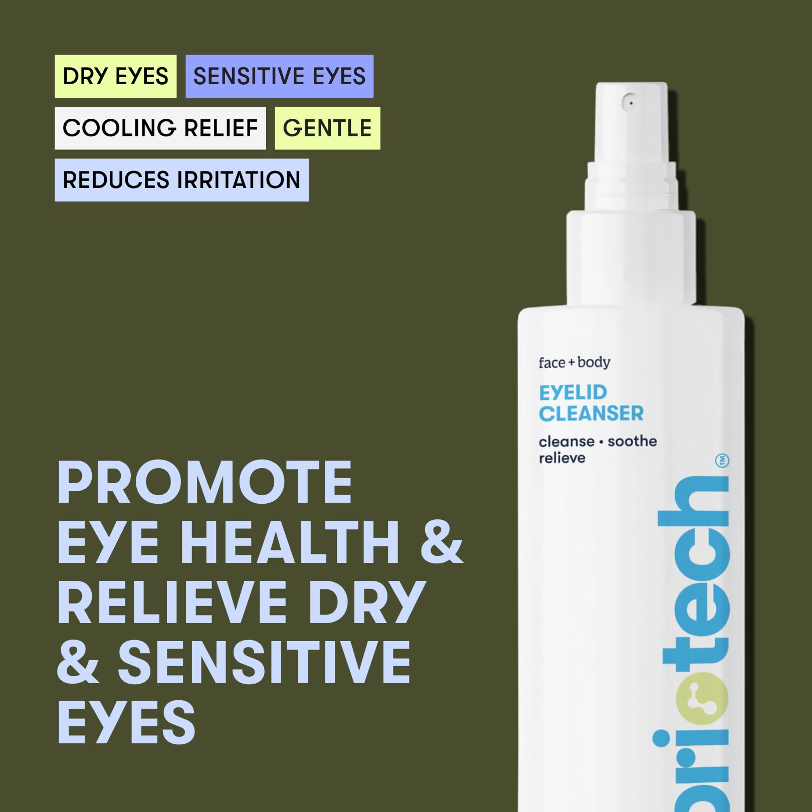 BRIOTECH Eyelid Cleanser spray application demonstrating quick cooling relief on lids.