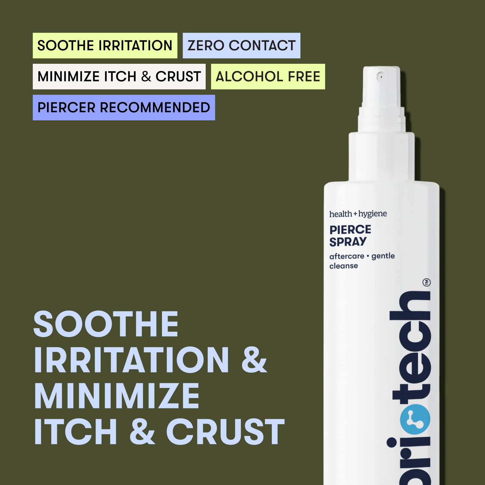 BRIOTECH Pierce Spray label close-up shows alcohol-free, fragrance-free formula