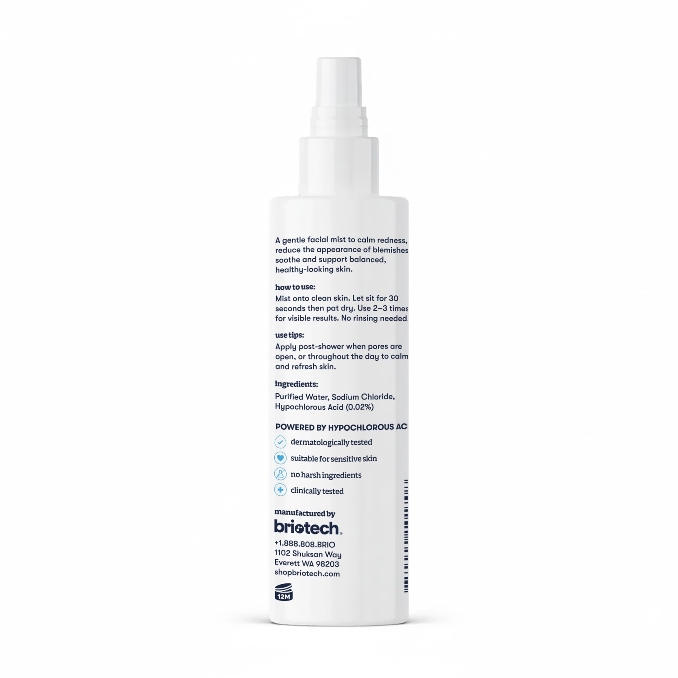 BRIOTECH Renew Toner clear-solution bottle showing HOCl-based mist benefits.