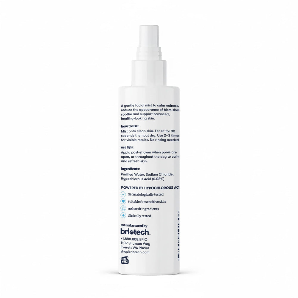 BRIOTECH Renew Toner clear-solution bottle showing HOCl-based mist benefits.