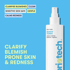 BRIOTECH Renew Toner spray mist shown mid-application for calm, clear skin.