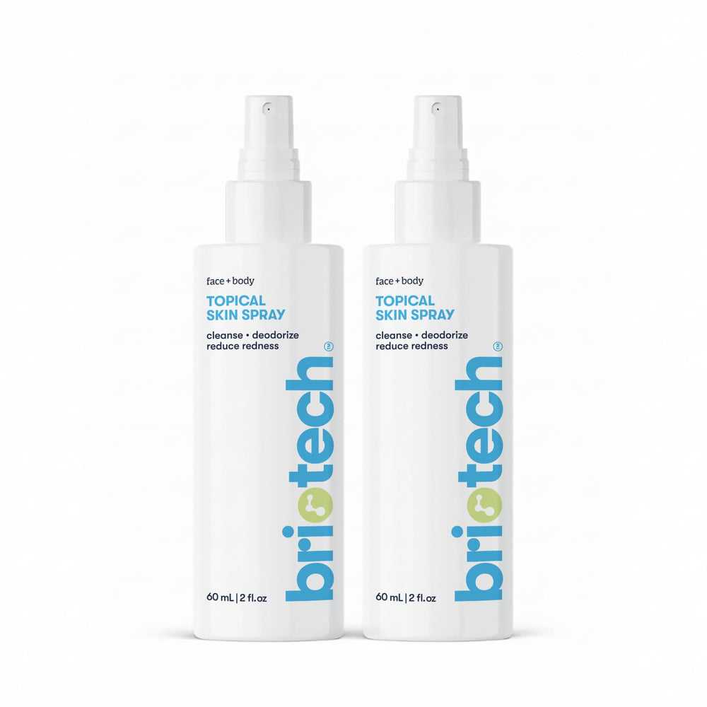 BRIOTECH Topical Skin Spray 2oz bottle shown for easy irritation support for sensitive skin.