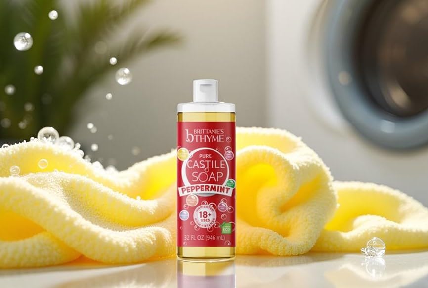 Brittanie's Thyme Pure Castile Peppermint bottle close-up highlights natural oils.