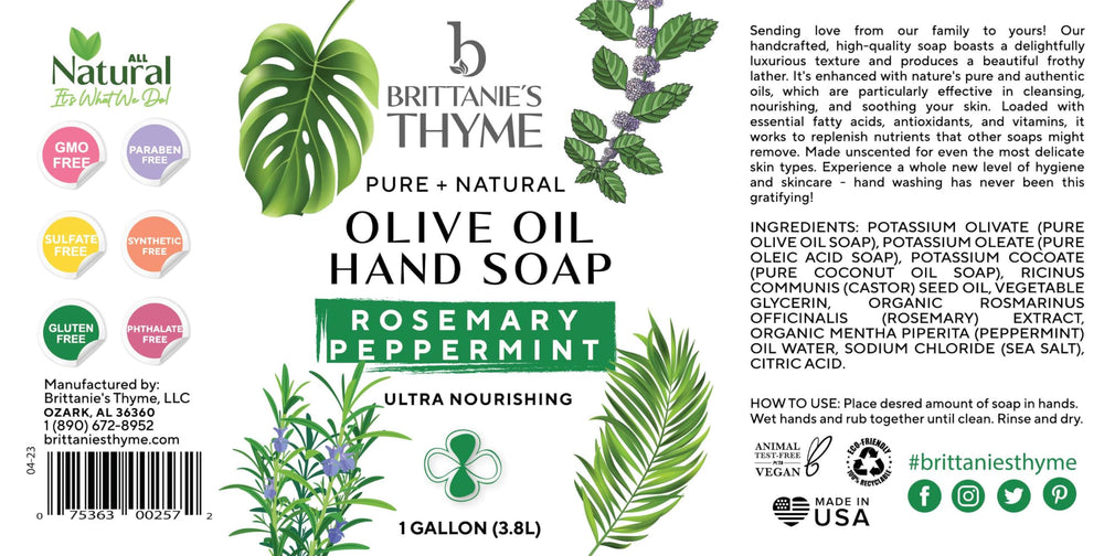 Brittanie's Thyme rosemary-peppermint castile pour shows versatile use for body and dishes.