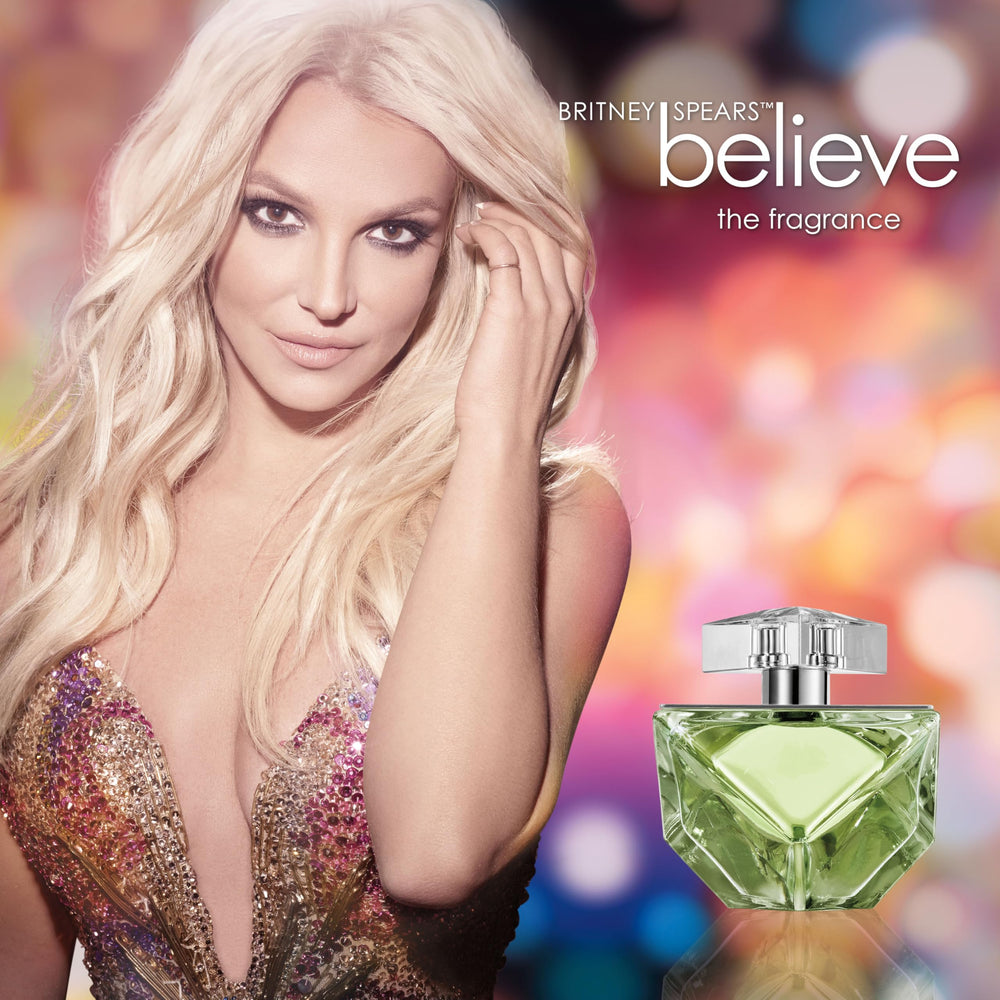 Britney Spears Believe edp bottle close-up highlights luxurious amber notes.