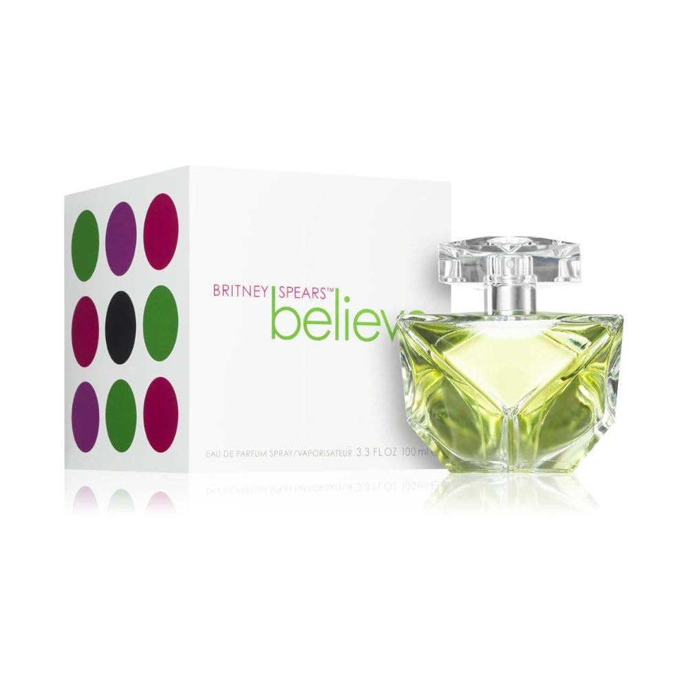 Britney Spears Believe edp packaging box showcases prismatic bottle inspiration.