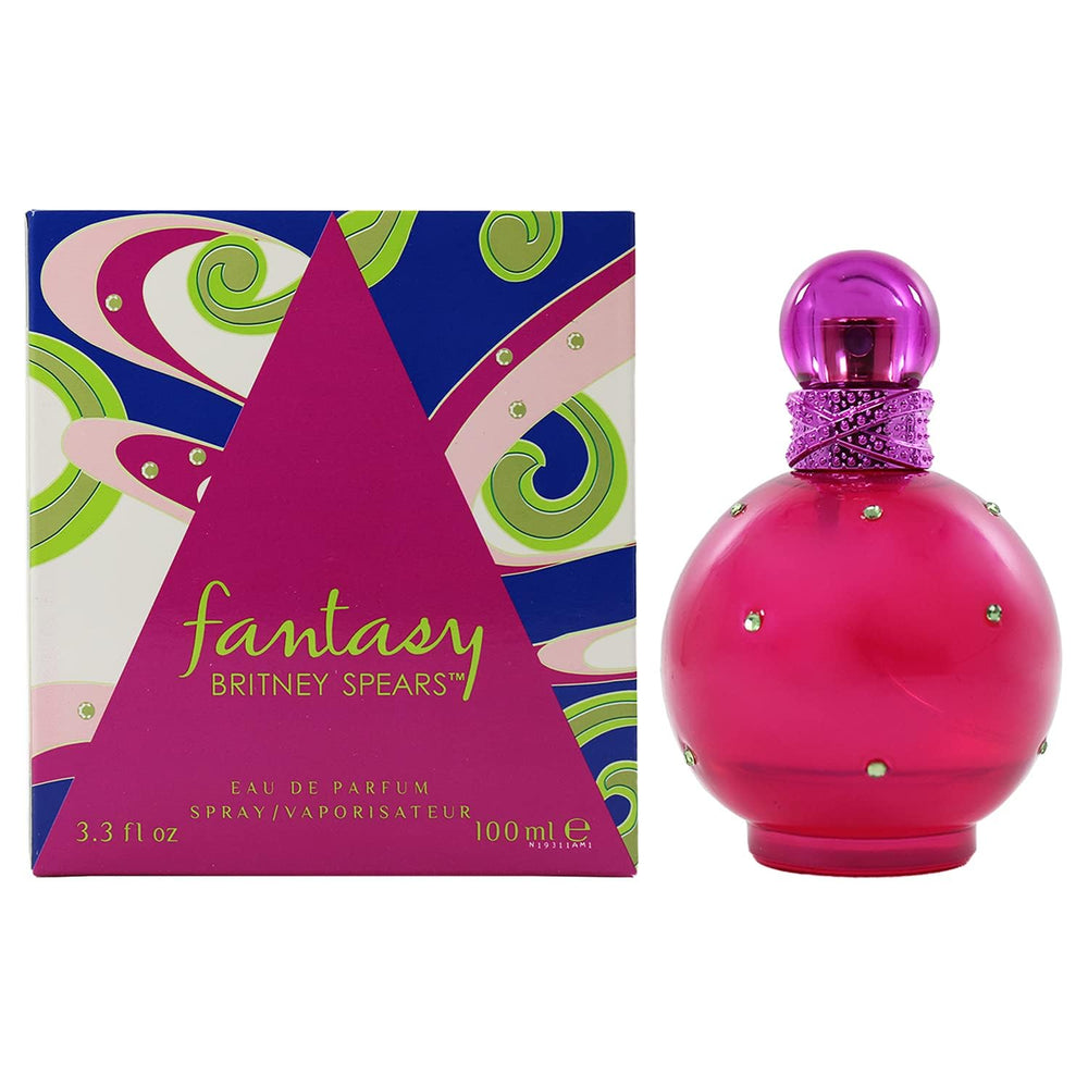 Britney Spears Fantasy bottle close-up shows label and glass