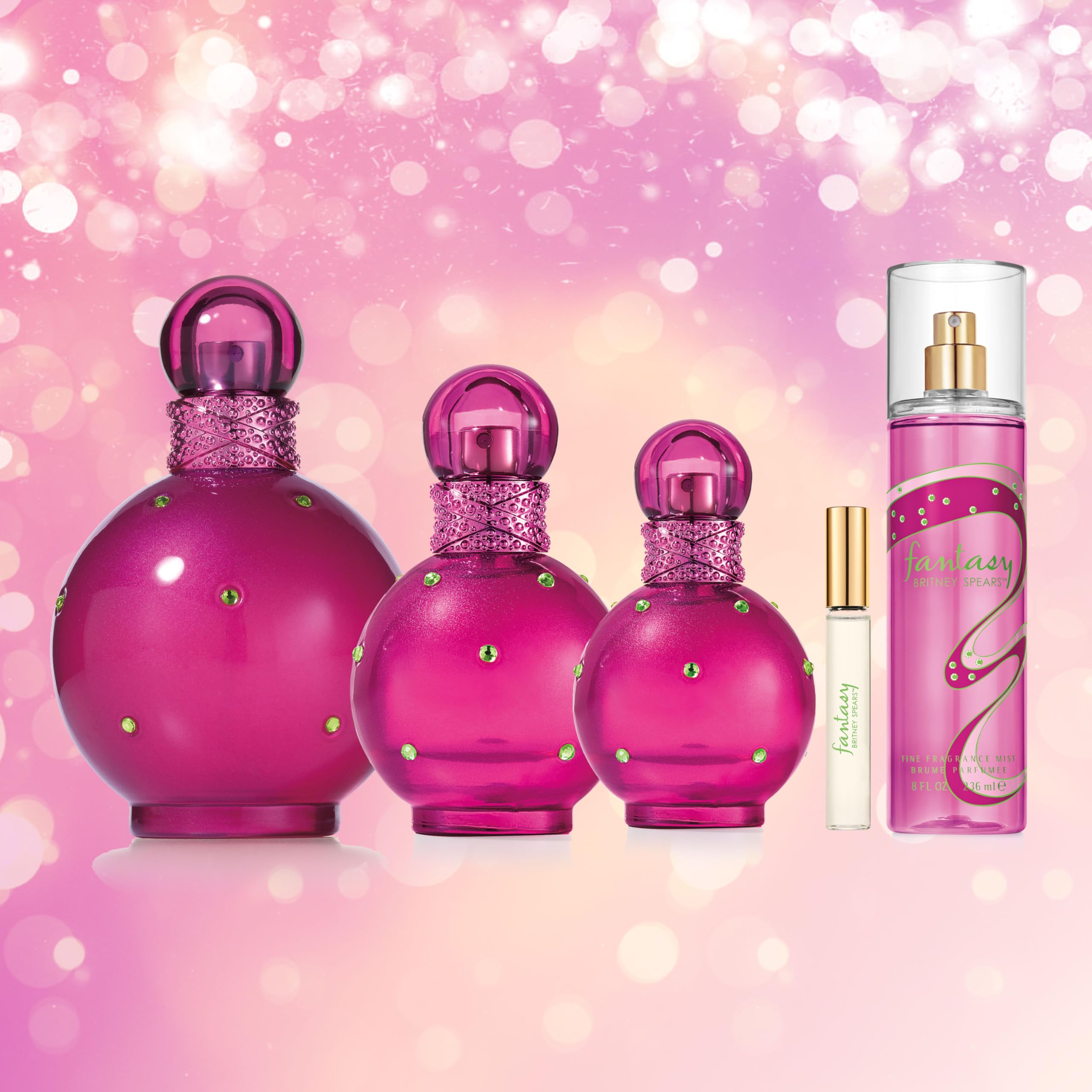 Britney Spears Fantasy pink sparkling bottle reflects playful, feminine style.