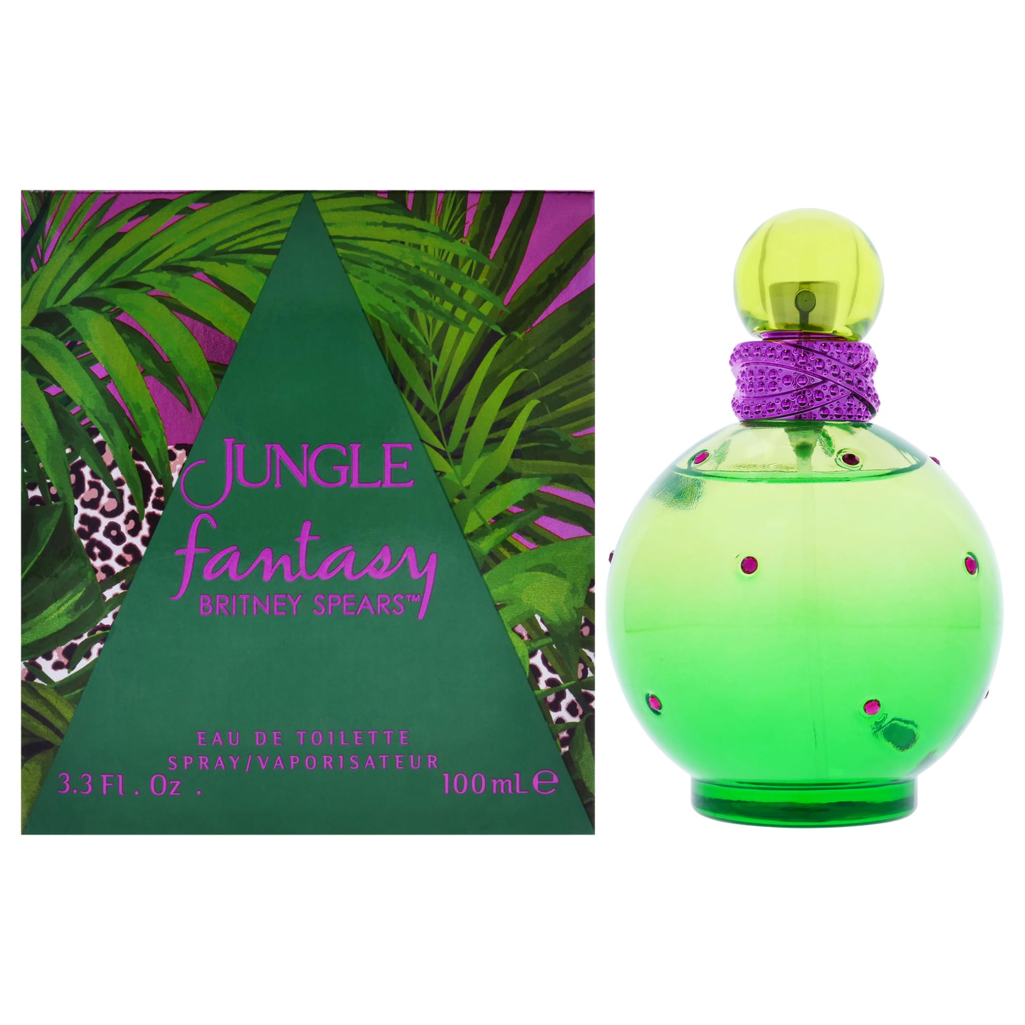 Britney Spears Jungle Fantasy bottle close-up showcases vibrant color for daytime appeal.