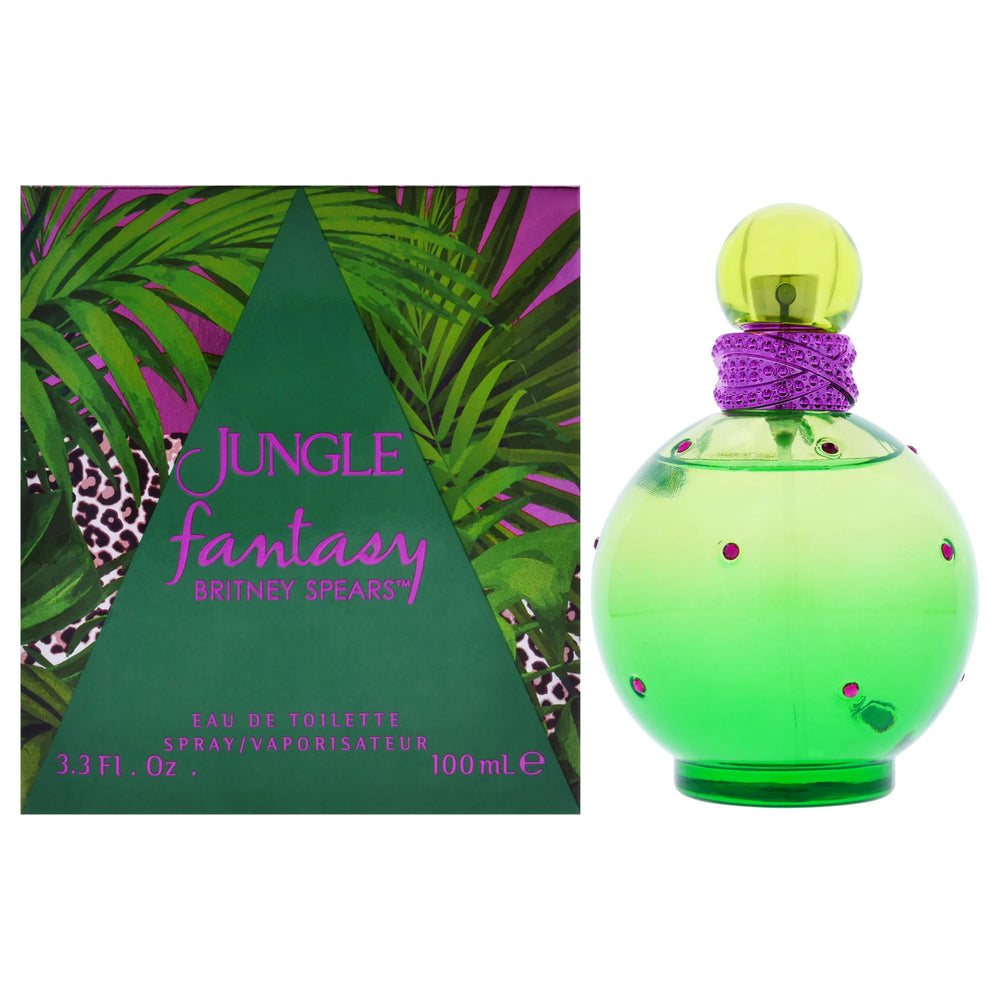 Britney Spears Jungle Fantasy bottle close-up showcases vibrant color for daytime appeal.