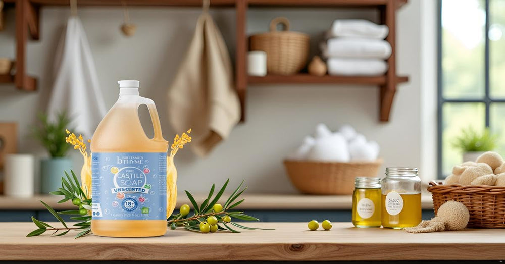 Brittanie's Thyme 1-gallon refill bucket highlights bulk eco-friendly option for homes.