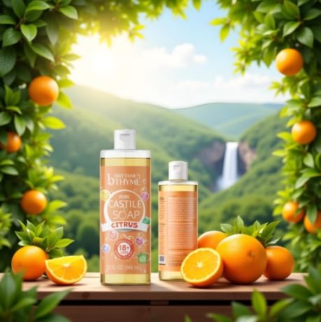 Brittanie's Thyme Citrus Castile bottle with lather demonstrates body and home cleaning.