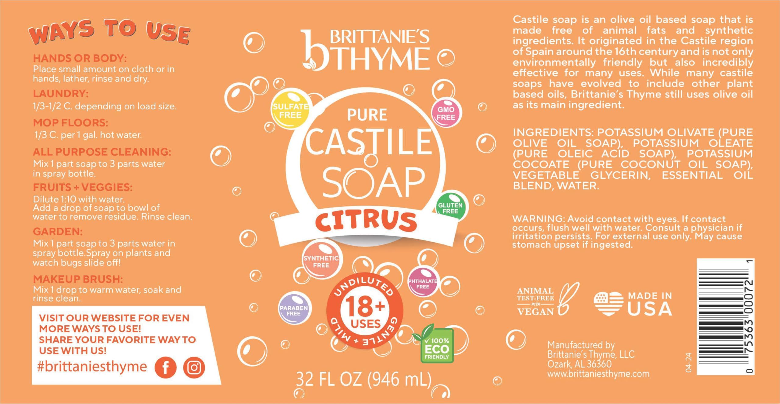 Brittanie's Thyme Citrus Castile soap front label emphasizes vegan, sulfate-free formula.