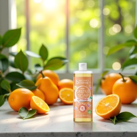 Brittanie's Thyme Citrus Castile pour shot highlighting fresh scent and multi-use potential.