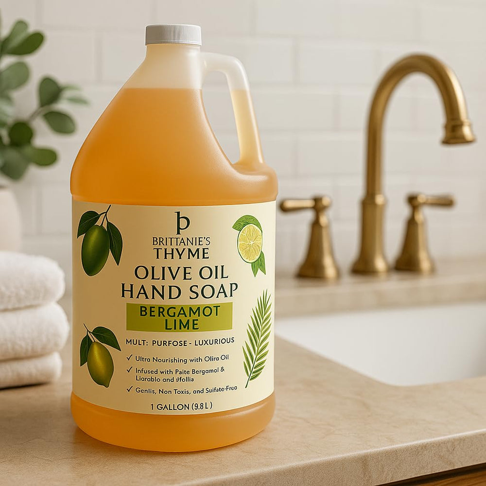 Brittanie's Thyme multi-use liquid soap dispenser image shows versatility for skin and surfaces