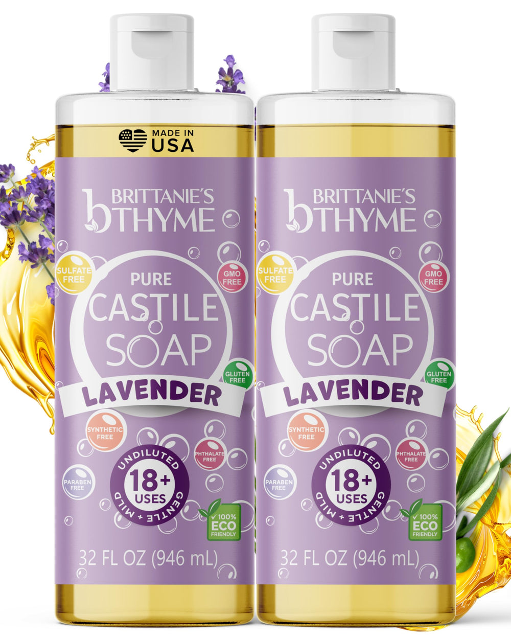 Brittanie’s Thyme Pure Castile Lavender bottle shows nourishing oils for gentle cleansing.