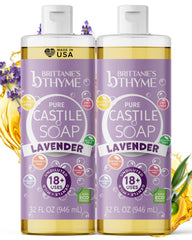 Brittanie’s Thyme Pure Castile Lavender bottle shows nourishing oils for gentle cleansing.