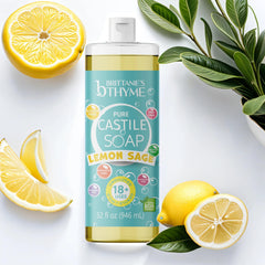 Brittanie's Thyme Pure Castile Soap ingredients highlighting olive and coconut oils