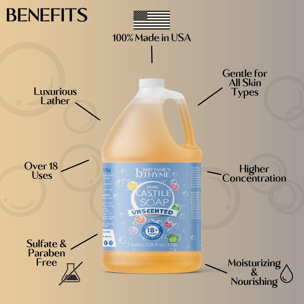 Brittanie's Thyme unscented castile soap bottle near sink demonstrates all-purpose cleaner use.