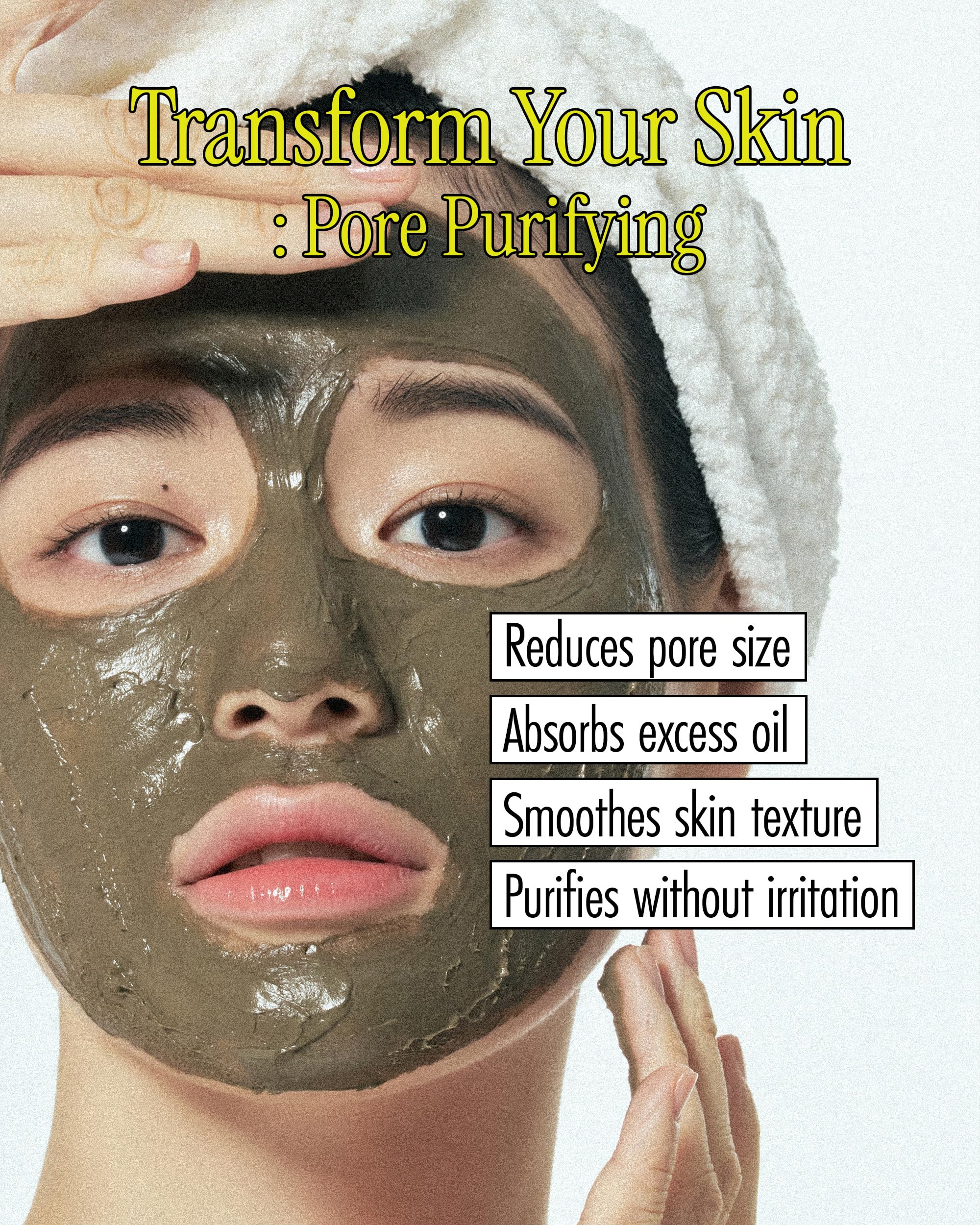 BRMUD Relief Mud Mask pore-minimizing closeup shows refined skin texture.