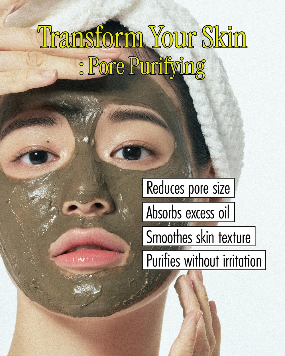 BRMUD Relief Mud Mask pore-minimizing closeup shows refined skin texture.
