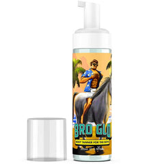 Bro Glo bottle closeup highlights oil-free, water-based formula for clean wear.