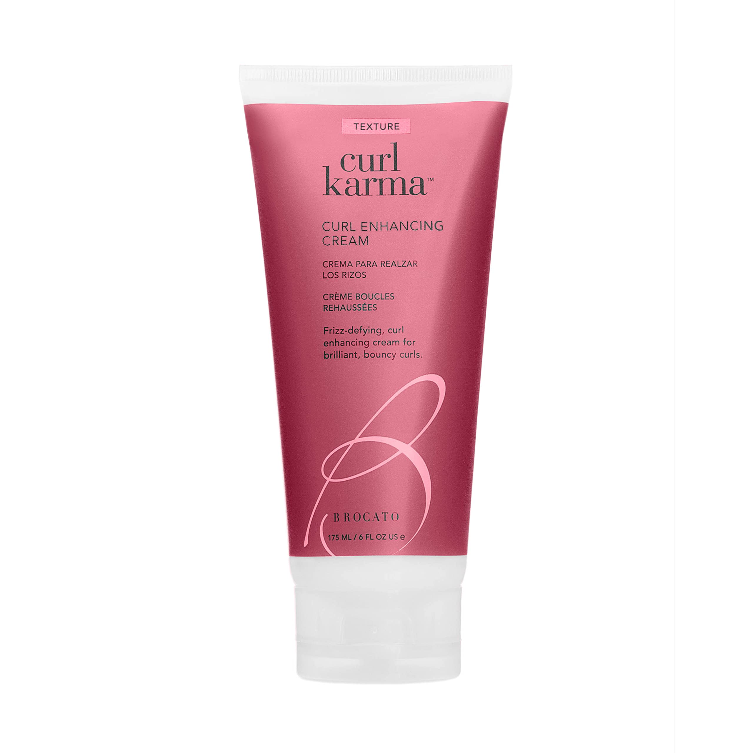 Brocato Curl Karma bottle closeup showing defining curl cream for frizz control.