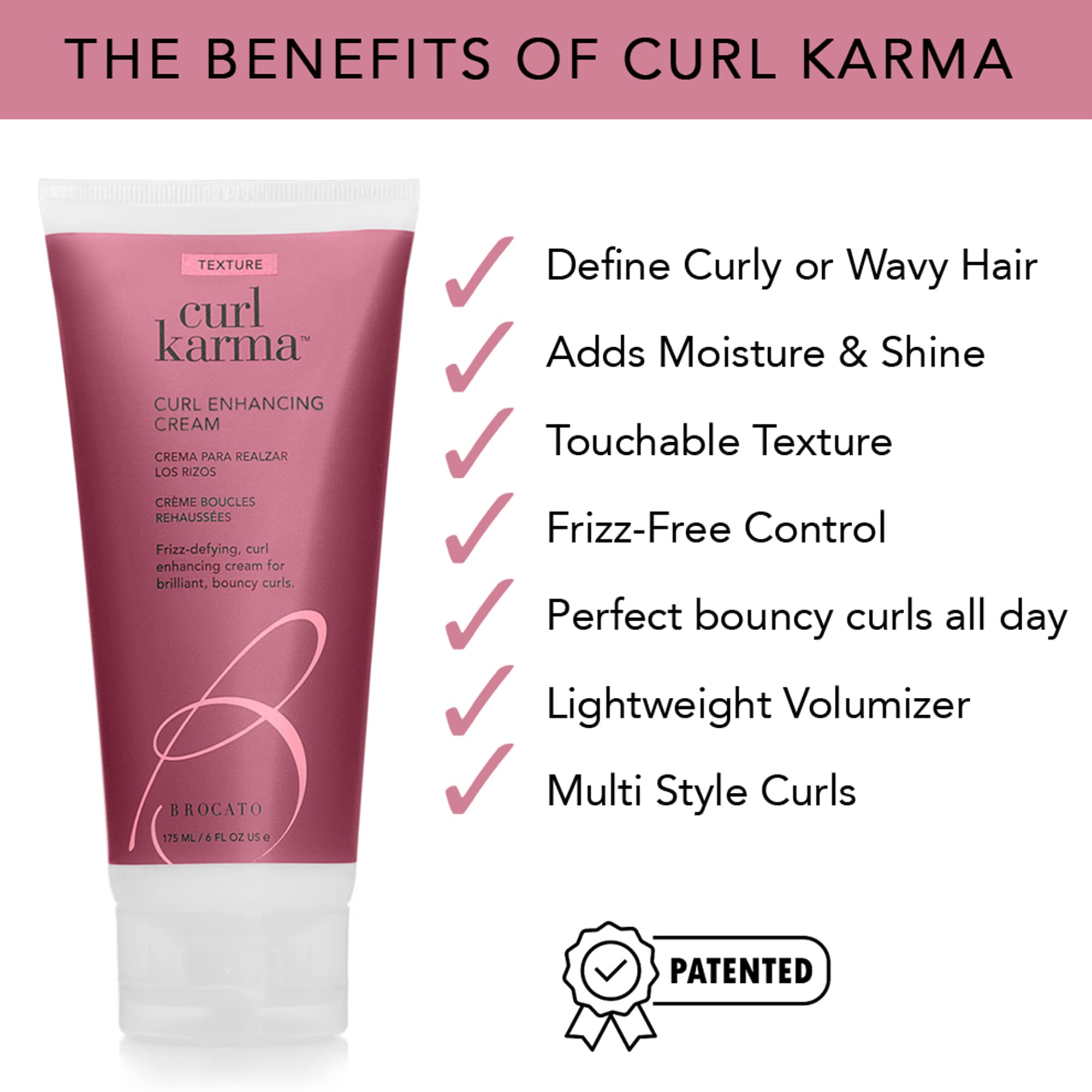 Brocato Curl Karma shiny frizz-free hair showcases enhanced manageability.