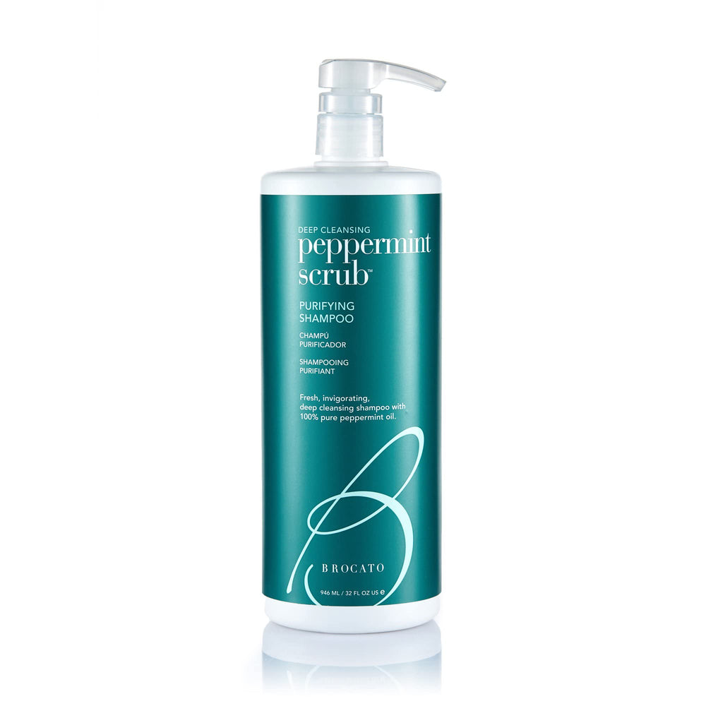Brocato Peppermint Scrub Purifying Shampoo bottle shows refreshing scalp cleanse benefits