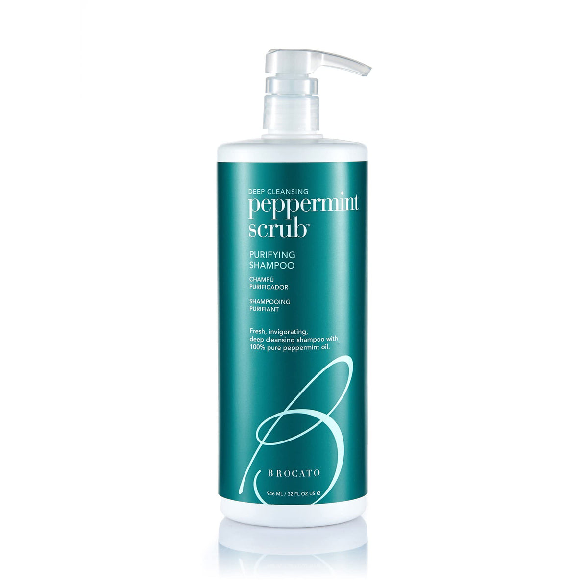 Brocato Peppermint Scrub Purifying Shampoo bottle shows refreshing scalp cleanse benefits