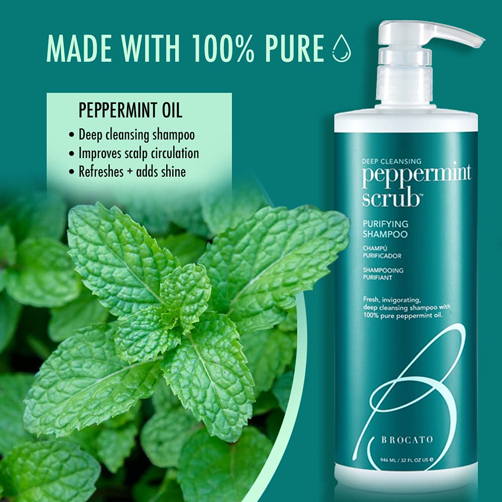 Brocato Peppermint Scrub Purifying Shampoo closeup highlights peppermint oil and moisture