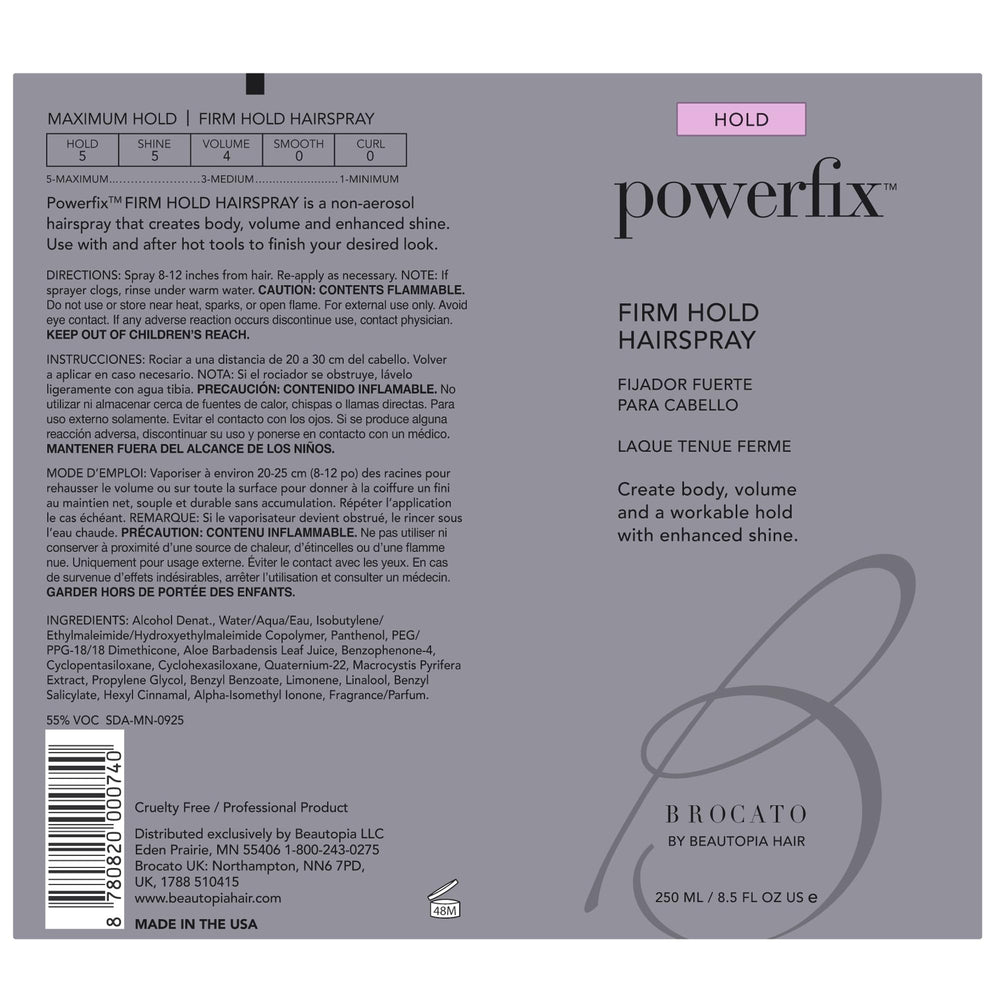 Brocato Powerfix hairspray locks curls in place without flaking or buildup.