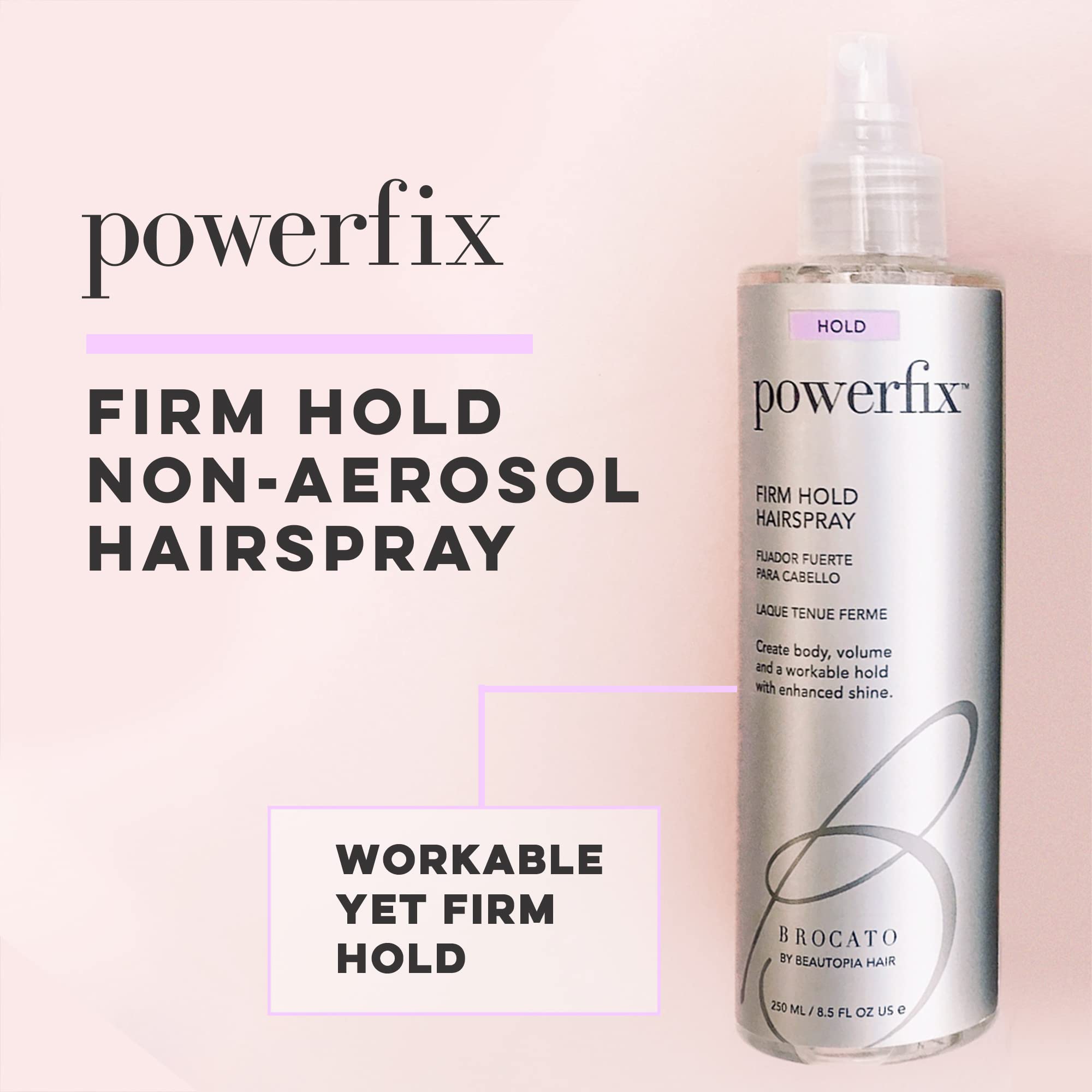 Brocato Powerfix hairspray nozzle delivering a precise non-aerosol mist for controlled styling.