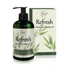 Brookethorne Naturals Refresh Massage Oil bottle for spa-like relaxation and aromatherapy.