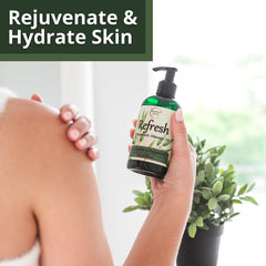 Brookethorne Naturals Refresh Massage Oil spa-scene image promoting full-body relaxation.