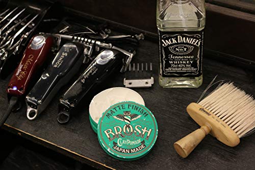 BROSH Matte Finish Clay Pomade on hair for flexible, medium hold.